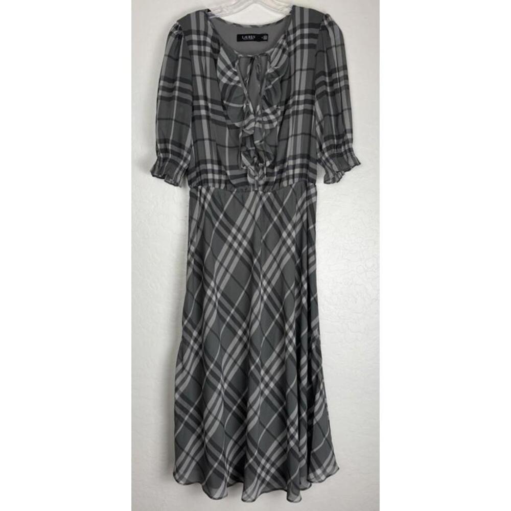 Lauren Ralph Lauren Plaid Maxi Ruffle‎ 3/4 Sleeve 8 Gray 1674